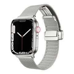 Apple Watch 9 41 mm Uyumlu Hasır Metal Kordon Magnetik D Tokalı Tel Örgü Kayış Mıknatıslı Toka