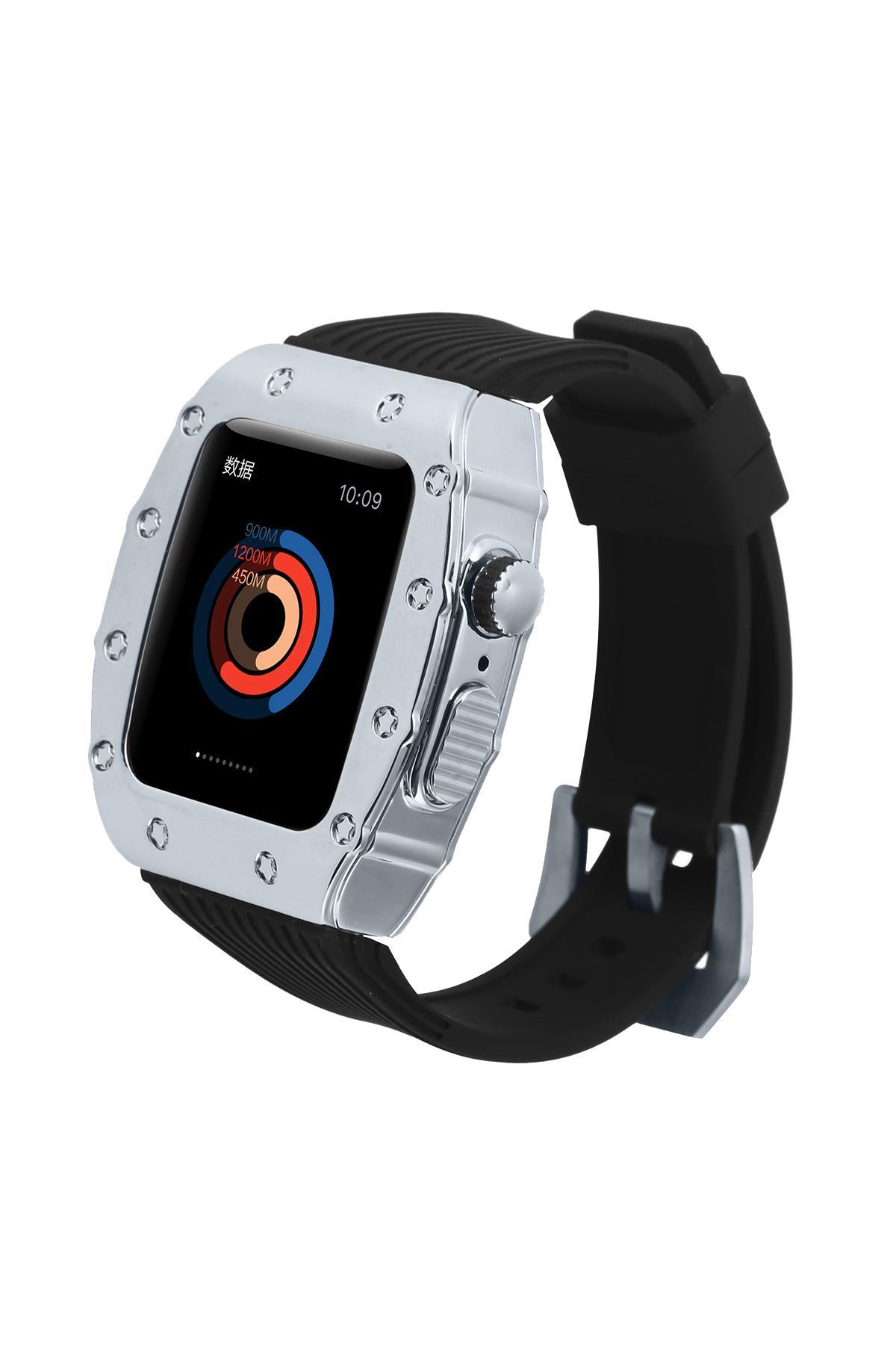 Apple Watch 5 44 mm uyumlu Modifikasyon Kiti Hublot Tasarım Paslanmaz Çelik Kasa & Silikon Kordon