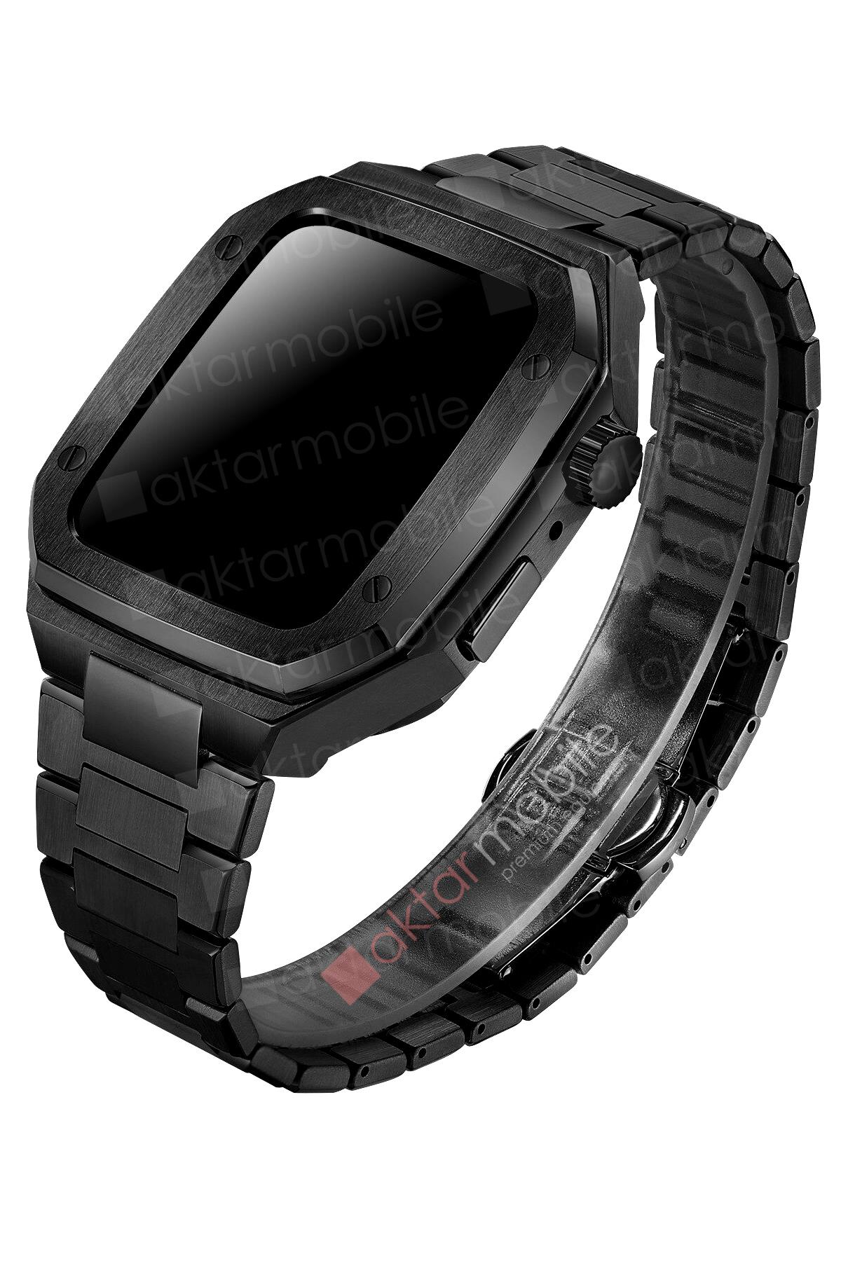 Apple Watch SE 44 mm uyumlu Luxury Modifikasyon Kiti Hublot Tasarım Paslanmaz Çelik Kasa & Kordon Siyah