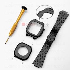 Apple Watch SE 44 mm uyumlu Luxury Modifikasyon Kiti Hublot Tasarım Paslanmaz Çelik Kasa & Kordon Siyah