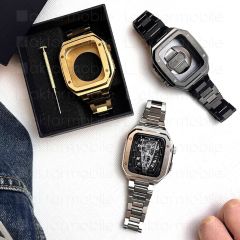 Apple Watch SE 44 mm uyumlu Luxury Modifikasyon Kiti Hublot Tasarım Paslanmaz Çelik Kasa & Kordon Siyah