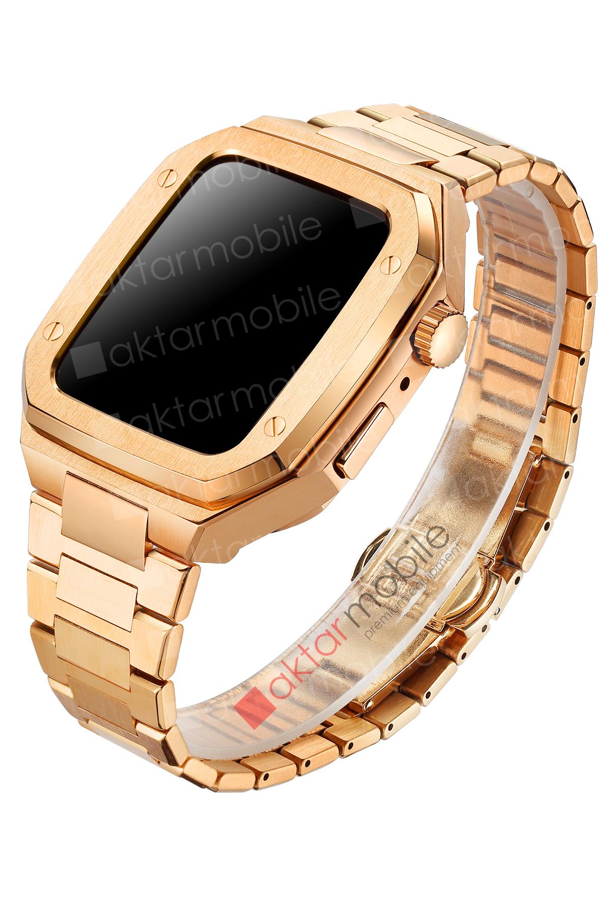 Apple Watch SE 44 mm uyumlu Luxury Modifikasyon Kiti Hublot Tasarım Paslanmaz Çelik Kasa & Kordon Rose Gold
