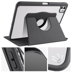 iPad Pro 11 M4 2024 uyumlu Kapaklı Kılıf Kalem Bölmeli Dönebilen Yatay Dikey Standlı Akıllı Kapak Siyah