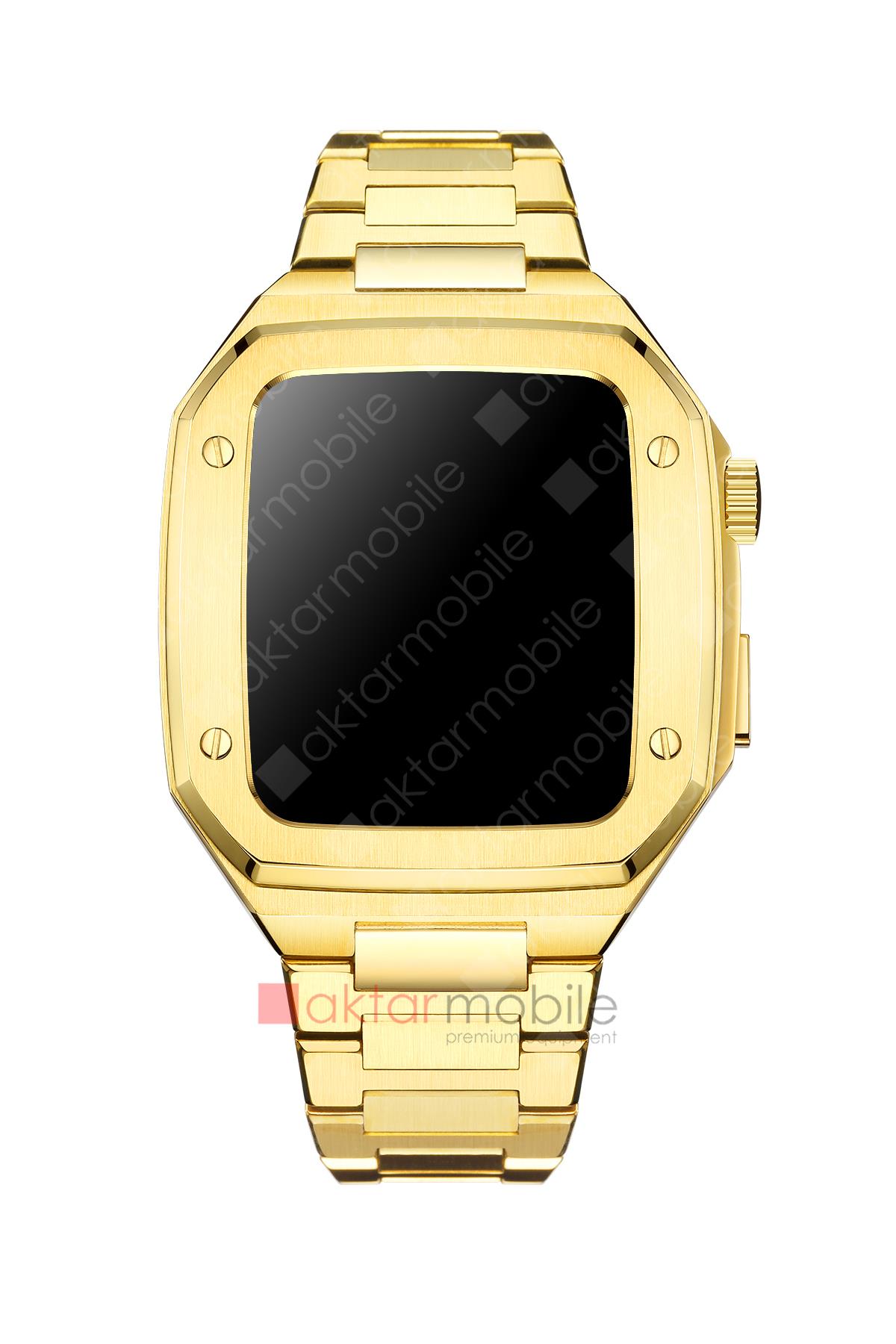 Apple Watch SE 44 mm uyumlu Luxury Modifikasyon Kiti Hublot Tasarım Paslanmaz Çelik Kasa & Kordon Gold