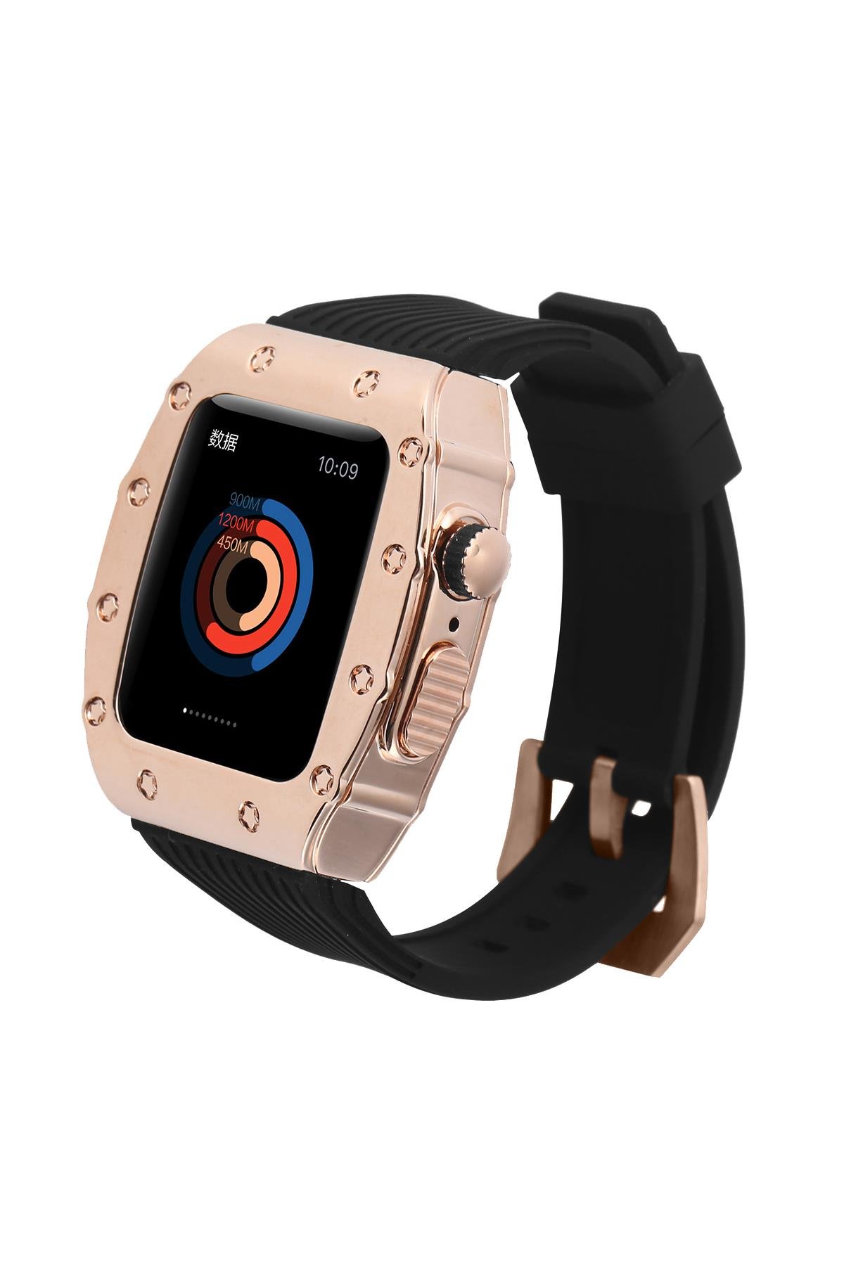 Apple Watch 5 44 mm uyumlu Modifikasyon Kiti Hublot Tasarım Paslanmaz Çelik Kasa & Silikon Kordon Siyah - Rose Gold