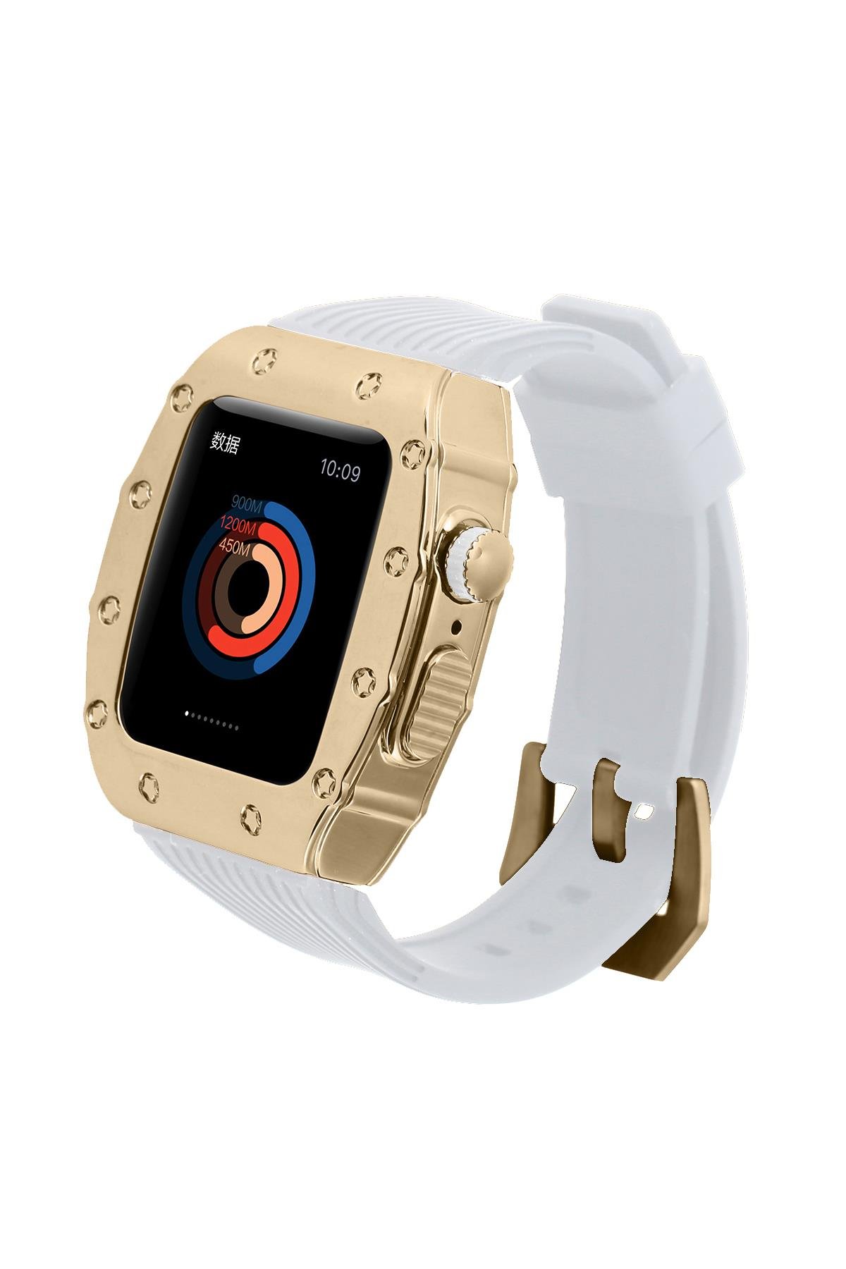 Apple Watch 6 44 mm uyumlu Modifikasyon Kiti Hublot Tasarım Paslanmaz Çelik Kasa & Silikon Kordon Beyaz - Gold