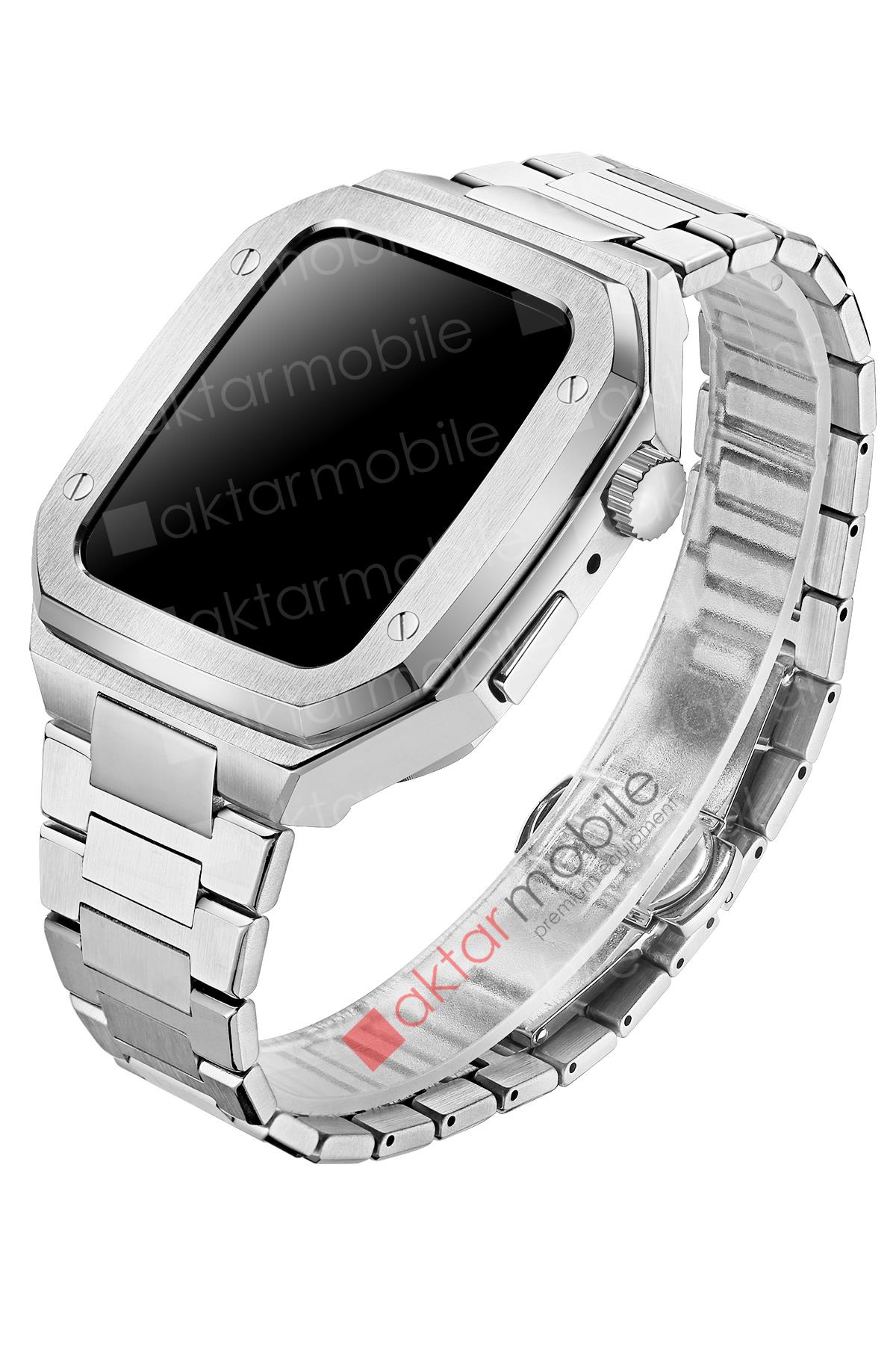 Apple Watch 5 44 mm uyumlu Luxury Modifikasyon Kiti Hublot Tasarım Paslanmaz Çelik Kasa & Kordon Gümüş