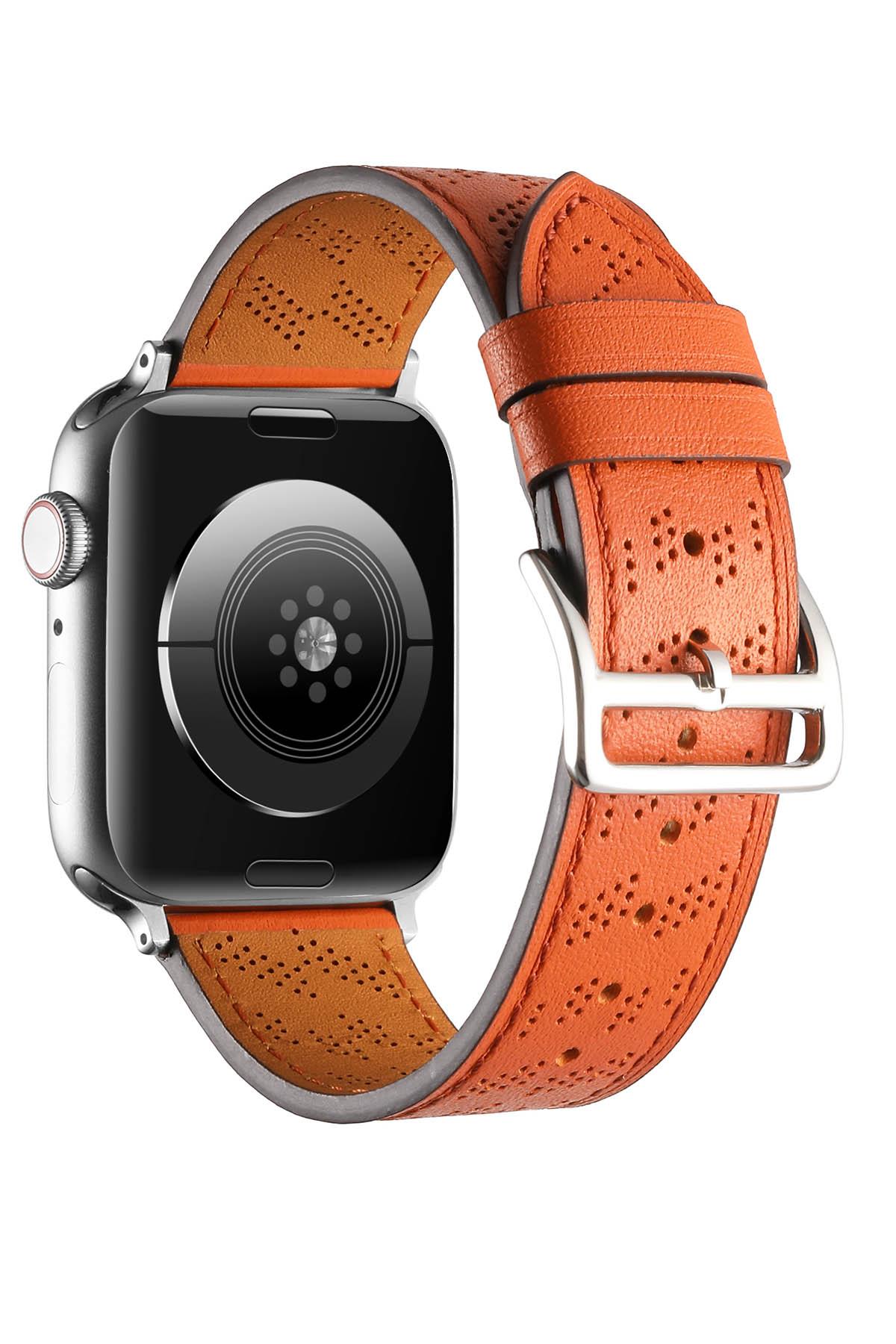 Apple Watch 10 42 mm uyumlu Suni Deri Kordon Kayış Watch Band / Strap Turuncu