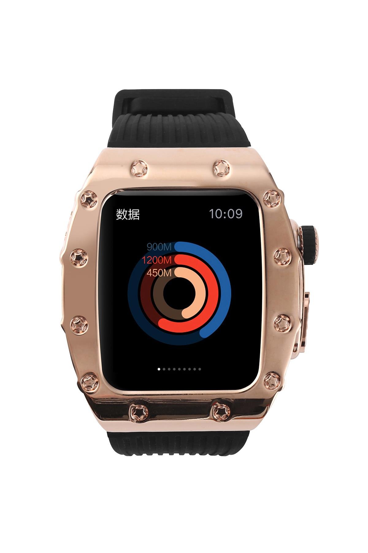 Apple Watch 6 44 mm uyumlu Modifikasyon Kiti Hublot Tasarım Paslanmaz Çelik Kasa & Silikon Kordon Siyah - Rose Gold