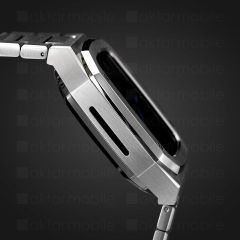 Apple Watch 4 44 mm uyumlu Luxury Modifikasyon Kiti Hublot Tasarım Paslanmaz Çelik Kasa & Kordon Gümüş