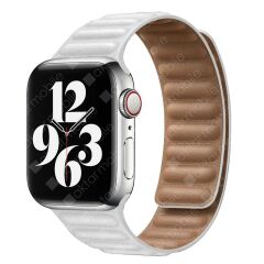 Apple Watch 8 45 mm uyumlu Baklalı Model Deri Kayış Mıknatıslı Kordon Beyaz