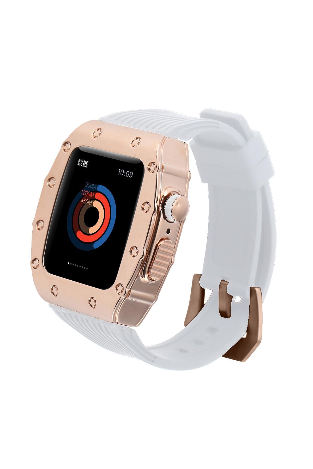 Apple Watch 4 44 mm uyumlu Modifikasyon Kiti Hublot Tasarım Paslanmaz Çelik Kasa & Silikon Kordon Beyaz - Rose Gold