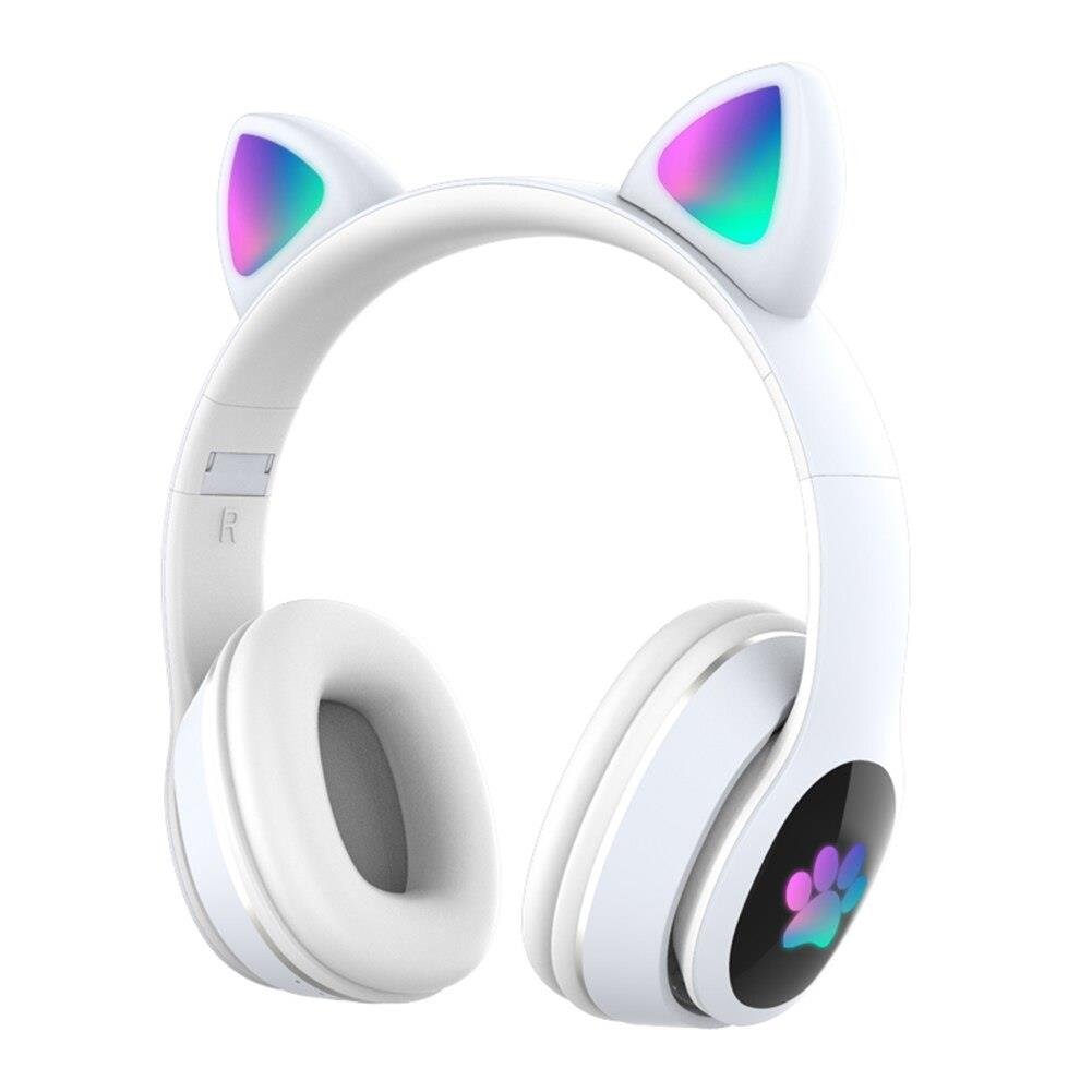 Kablosuz Kulak Üstü Bluetooth Kulaklık Kedi Kulağı Tasarımlı RGB Led Işıklı ANC Mikrofonlu Beyaz