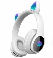 Kablosuz Kulak Üstü Bluetooth Kulaklık Kedi Kulağı Tasarımlı RGB Led Işıklı ANC Mikrofonlu Beyaz
