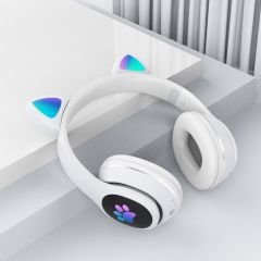 Kablosuz Kulak Üstü Bluetooth Kulaklık Kedi Kulağı Tasarımlı RGB Led Işıklı ANC Mikrofonlu Beyaz