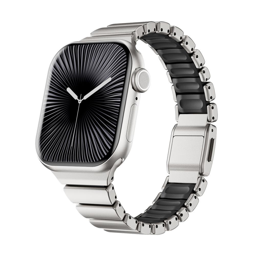 Apple Watch 10 / 11 42 mm uyumlu Titanyum Kordon Silikon İç Yüzey Hafif Premium Kayış Gümüş - Siyah