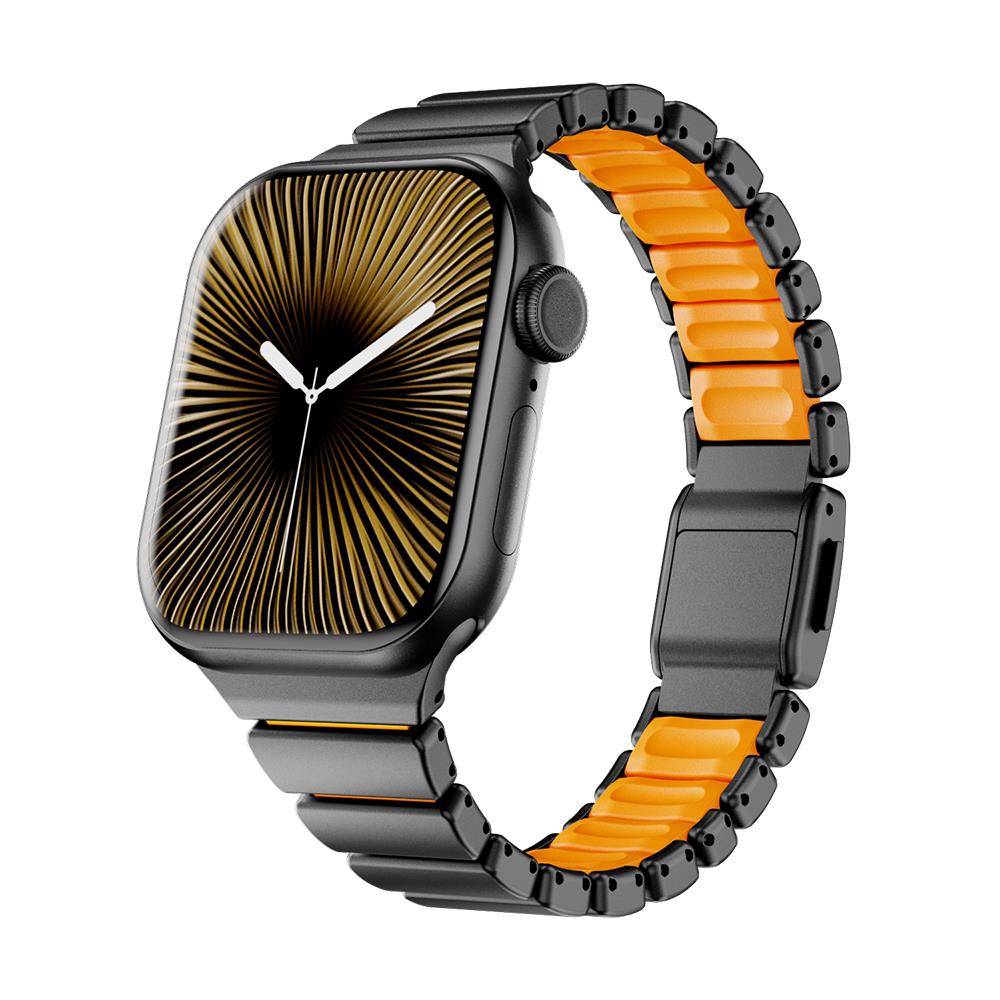 Apple Watch 10 / 11 42 mm uyumlu Titanyum Kordon Silikon İç Yüzey Hafif Premium Kayış Siyah - Turuncu