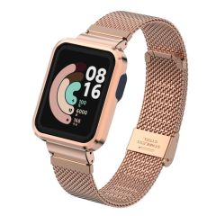 Xiaomi Mi Watch Lite uyumlu Klipsli Hasır Metal Kordon & Kasa Koruma 2 in 1 Tel Örgü Kayış