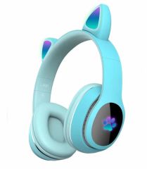 Kablosuz Kulak Üstü Bluetooth Kulaklık Kedi Kulağı Tasarımlı RGB Led Işıklı ANC Mikrofonlu Turkuaz