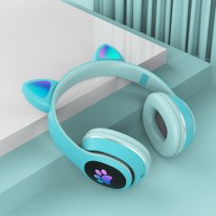 Kablosuz Kulak Üstü Bluetooth Kulaklık Kedi Kulağı Tasarımlı RGB Led Işıklı ANC Mikrofonlu Turkuaz