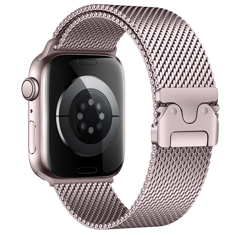 Apple Watch 10 42 mm Uyumlu Hasır Çelik Örgü Kordon Premium Paslanmaz Çelik Kayış Kilitli Toka Rose Pembe