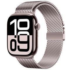 Apple Watch 10 42 mm Uyumlu Hasır Çelik Örgü Kordon Premium Paslanmaz Çelik Kayış Kilitli Toka Rose Pembe