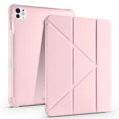 iPad Pro 11 M4 2024 uyumlu Kapaklı Kılıf Kalem Bölmeli Tri Fold Standlı Uyku Modlu Akıllı Kapak Rose Gold