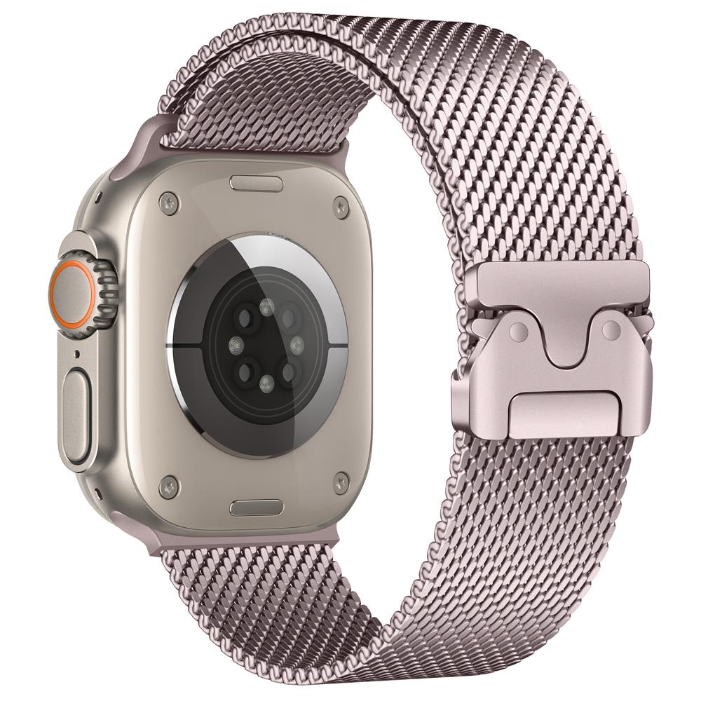 Apple Watch Ultra / Ultra 2 49 mm Uyumlu Hasır Çelik Örgü Kordon Premium Çelik Kayış Kilitli Toka Rose Pembe