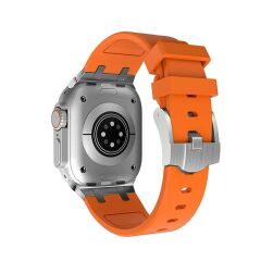 Apple Watch 10 46 mm Uyumlu Metal Aksamlı Silikon Kordon Luxury Premium Kayış Paslanmaz Çelik
