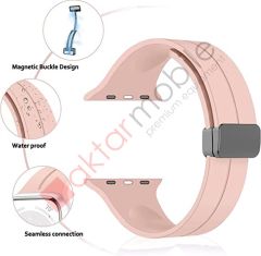 Apple Watch 10 46 mm uyumlu Silikon Kordon Magnetik D Tokalı Spor Kayış Mıknatıslı Toka Pudra