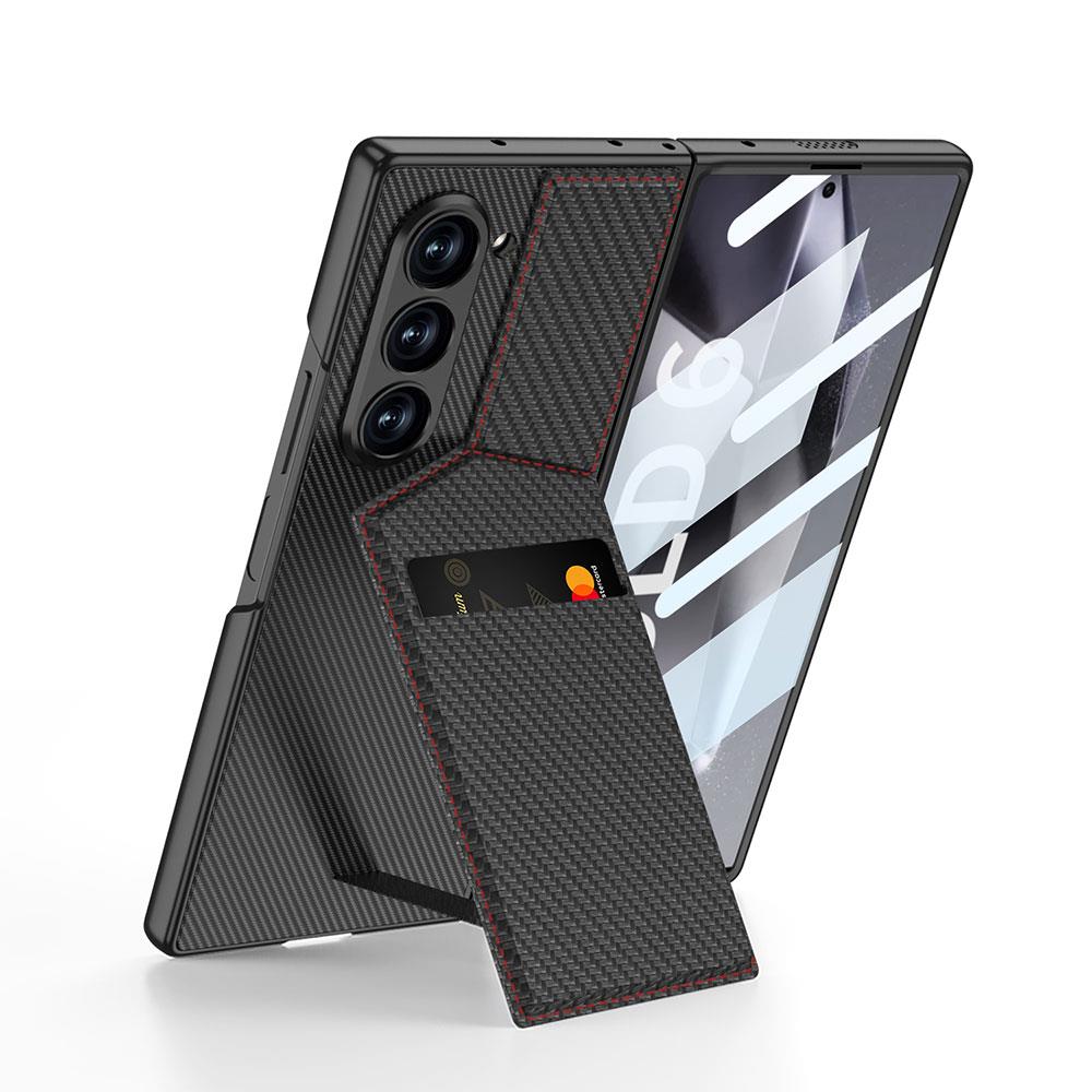 Samsung Galaxy Z Fold 6 uyumlu Kartlıklı Kılıf Yatay Dikey Standlı Kamera Korumalı Premium Kapak Siyah Karbon