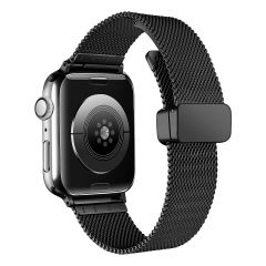 Apple Watch 10 46 mm Uyumlu Hasır Metal Kordon Magnetik D Tokalı Tel Örgü Kayış Mıknatıslı Toka Siyah