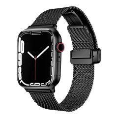 Apple Watch 10 46 mm Uyumlu Hasır Metal Kordon Magnetik D Tokalı Tel Örgü Kayış Mıknatıslı Toka Siyah