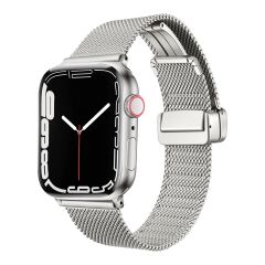 Apple Watch 10 42 mm Uyumlu Hasır Metal Kordon Magnetik D Tokalı Tel Örgü Kayış Mıknatıslı Toka