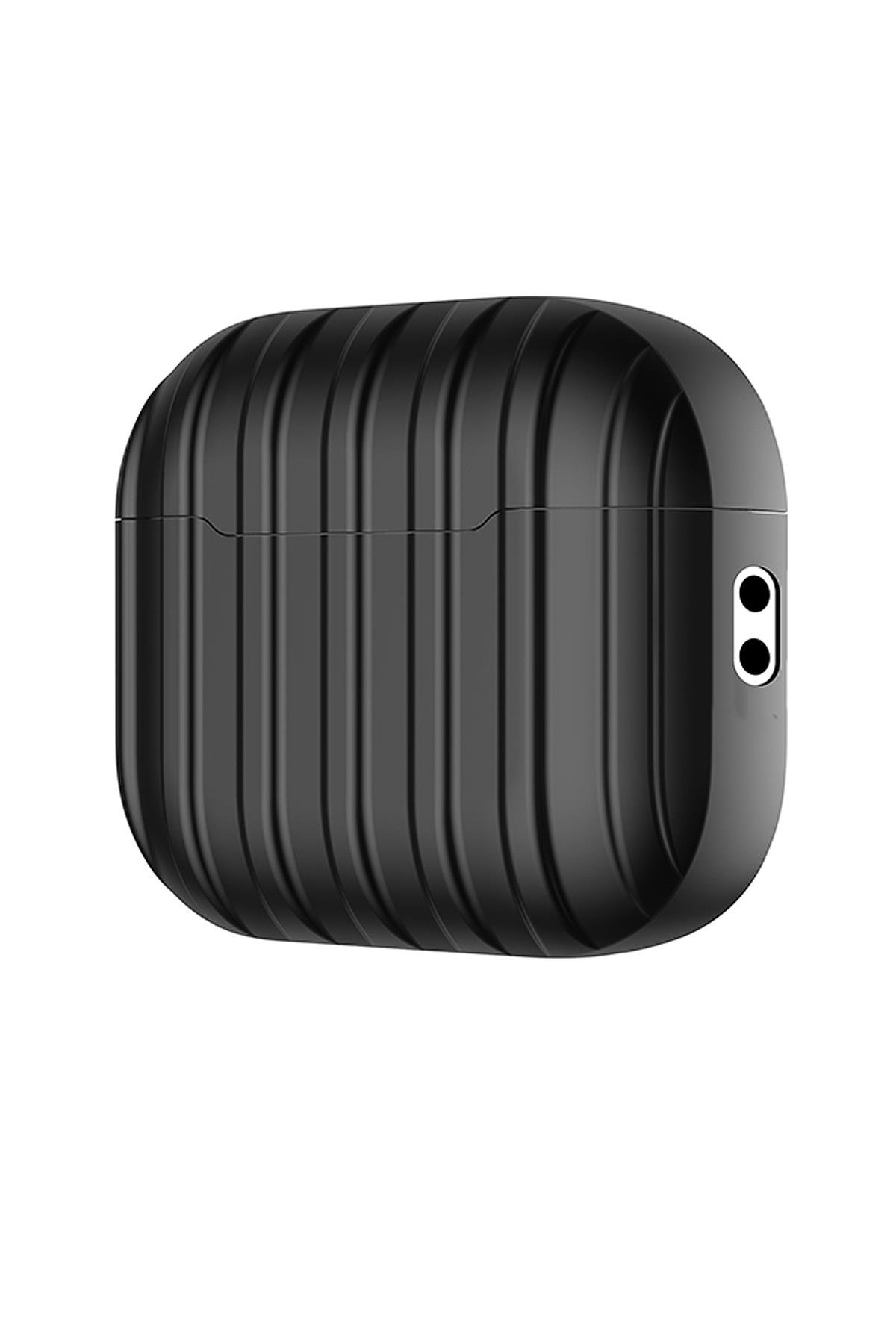 Apple Airpods Pro 2. Nesil Tam Uyumlu Kılıf Hoparlör ve Mikrofon Delikli Kapak Şeritli Bavul Tasarım Siyah