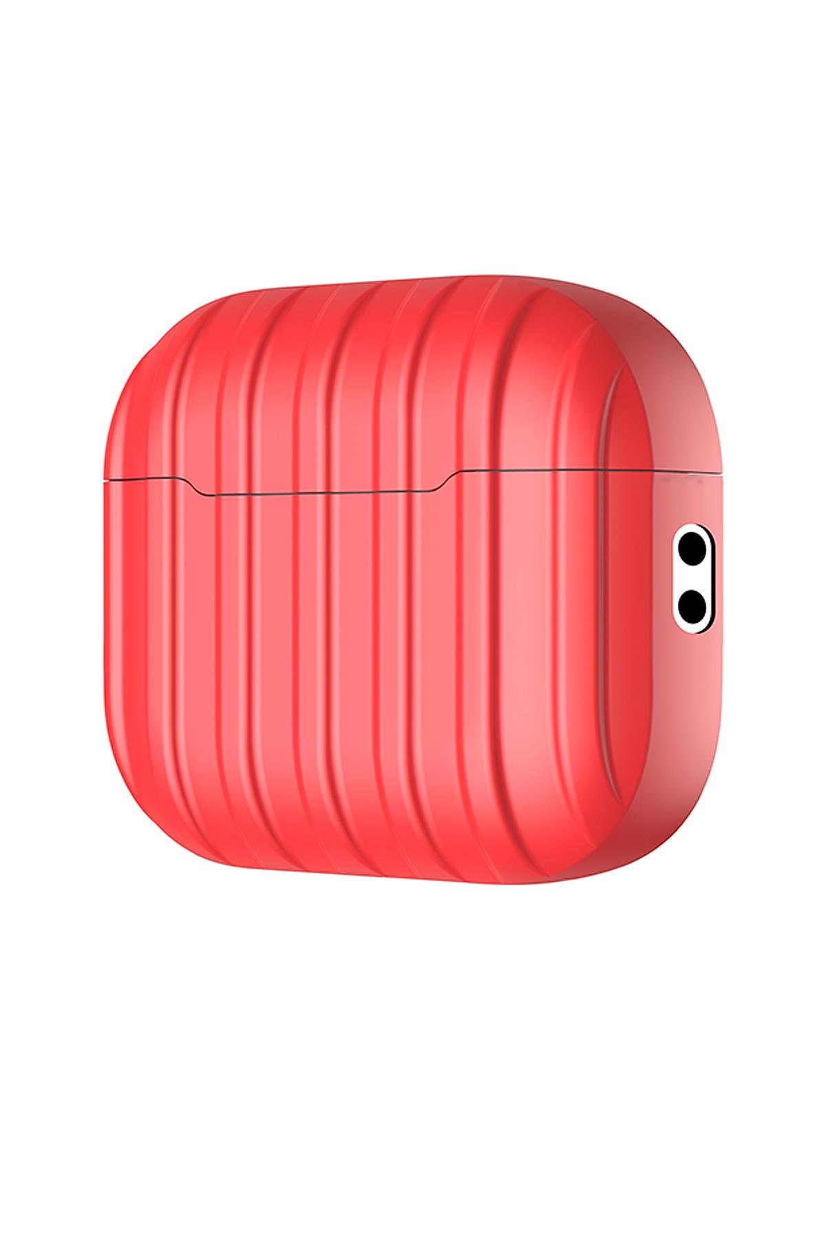 Apple Airpods Pro 2. Nesil Tam Uyumlu Kılıf Hoparlör ve Mikrofon Delikli Kapak Şeritli Bavul Tasarım Kırmızı