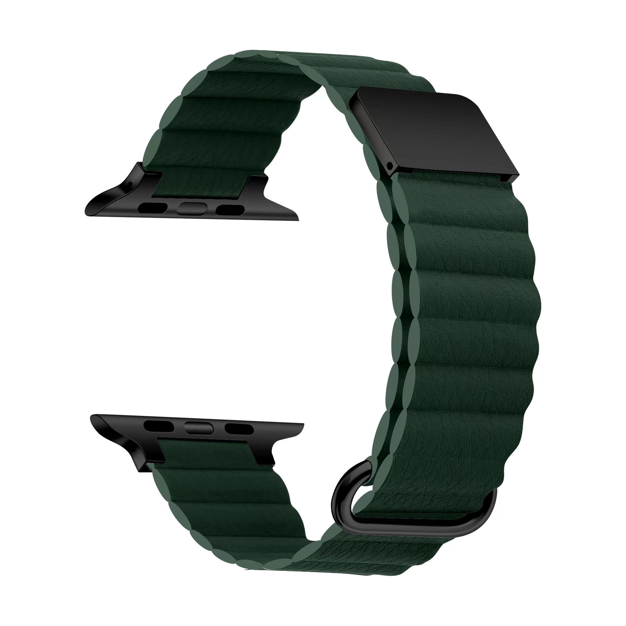 Apple Watch 7 6 SE 5 4 3 2 1 - 45 / 44 / 42 mm Mıknatıslı PU Deri Kordon Magnetik Metal Tokalı Kayış Koyu Yeşil