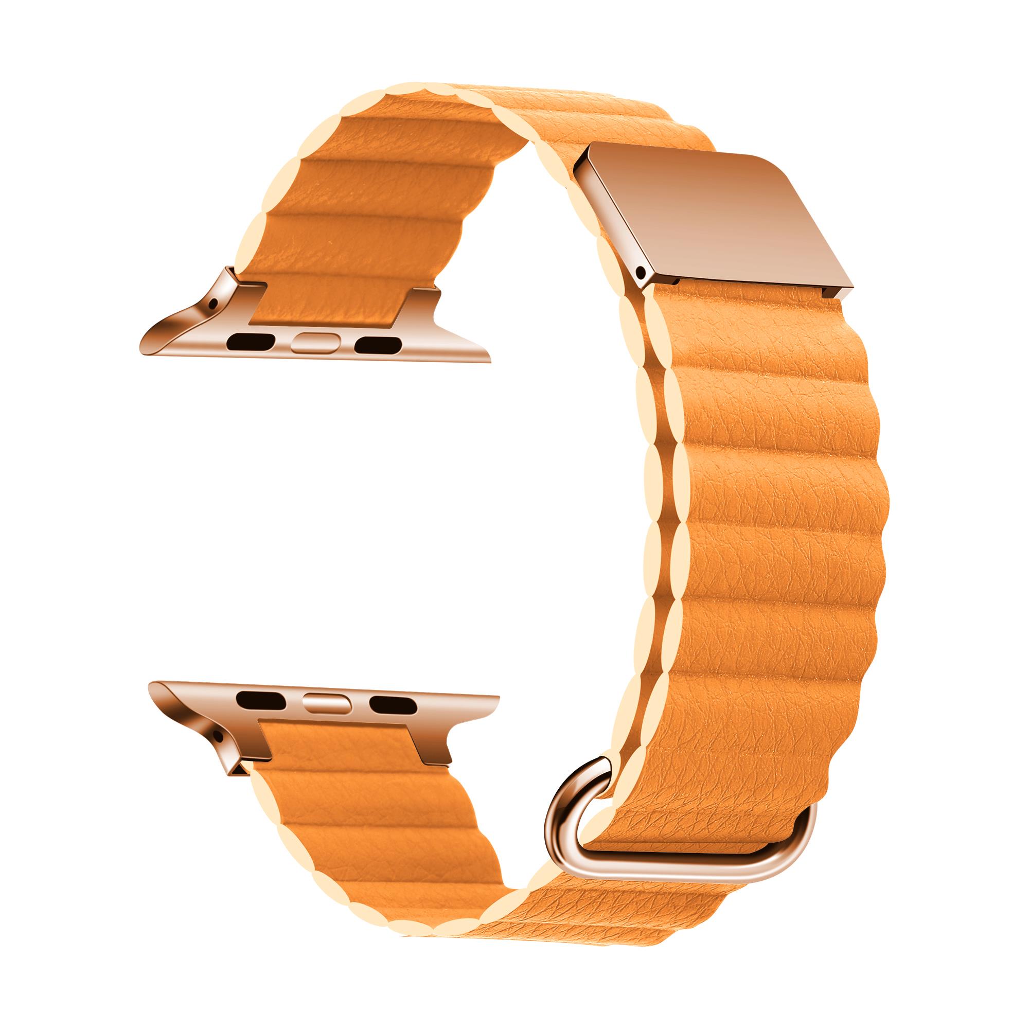 Apple Watch 7 6 SE 5 4 3 2 1 - 45 / 44 / 42 mm Mıknatıslı PU Deri Kordon Magnetik Metal Tokalı Kayış Turuncu