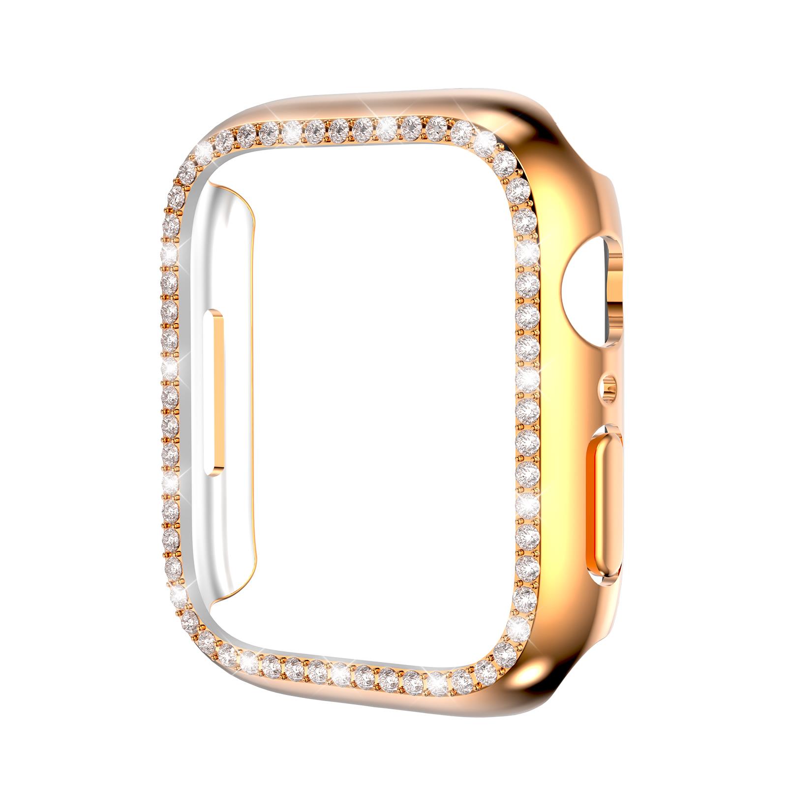 Apple Watch 8 45 mm uyumlu Kasa Koruyucu Taşlı Tasarım Metalik Renk Gövde Koruma (Önü Açık) Rose Gold