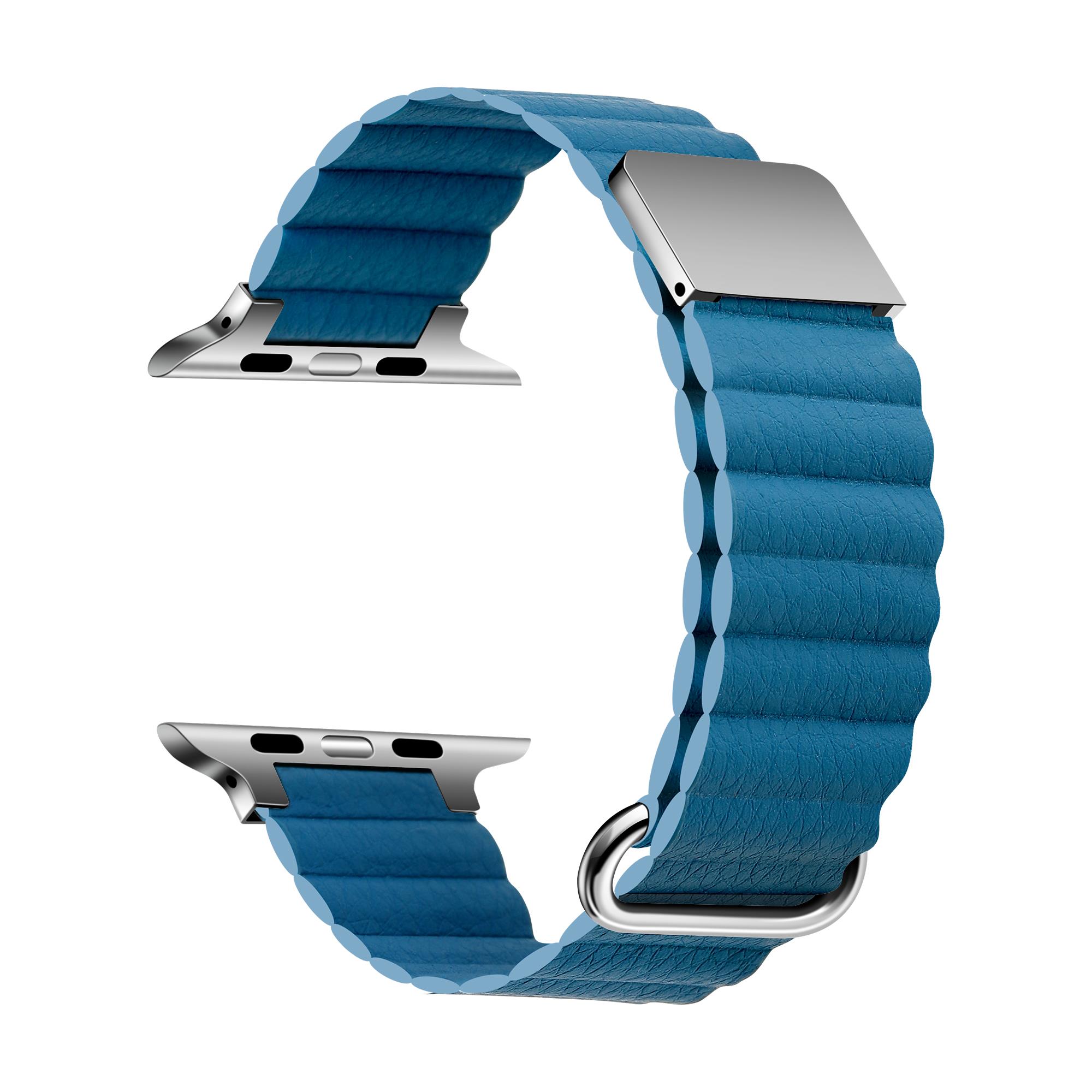Apple Watch 8 45 mm uyumlu Mıknatıslı PU Deri Kordon Magnetik Metal Tokalı Kayış Mavi
